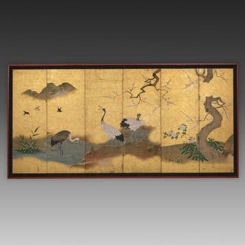 Byôbu  (vouwscherm) - Gelakt hout, zijde, papier - Japan -