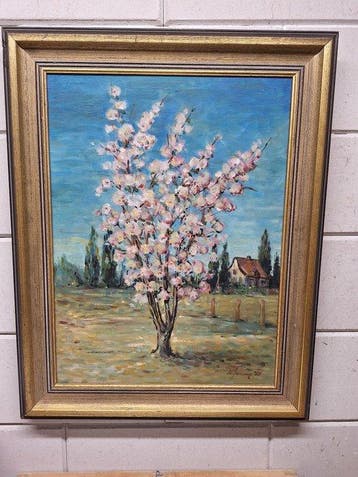 B. Janssen (XX) - Bloesemboom in een Hollands Landschap