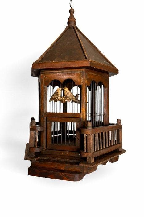 Cage à oiseaux - Bois, Cuivre - Cage à oiseaux vintage, Antiek en Kunst, Curiosa en Brocante