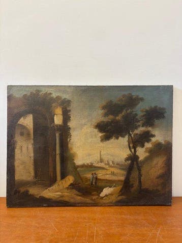 Italiaanse school (XVIII) - Capriccio con paesaggio