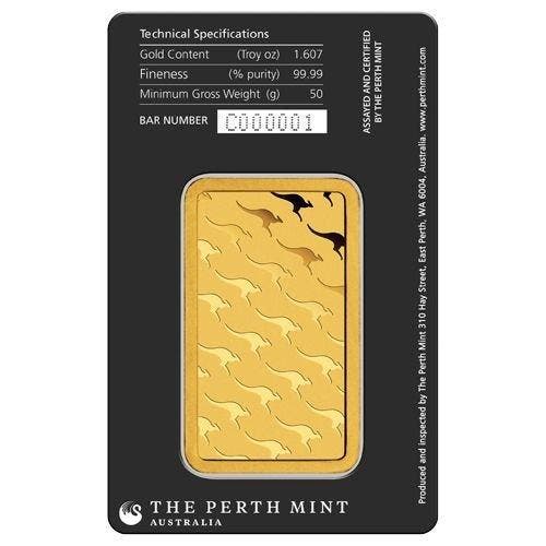 50 gram - Goud .999 - 50g .9999 Fine Gold Bar Perth Mint of, Postzegels en Munten, Edelmetalen en Baren