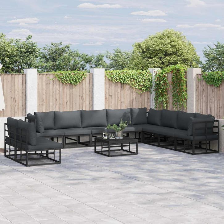 vidaXL Tuinbank Set met kussen 10 pcs Zwart Aluminium, Tuin en Terras, Tuinsets en Loungesets, Nieuw, Verzenden