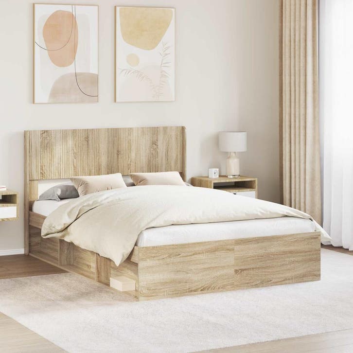 vidaXL Bedframe met opbergruimte en hoofdbord Sonoma Eiken, Huis en Inrichting, Slaapkamer | Bedden, Nieuw, Verzenden