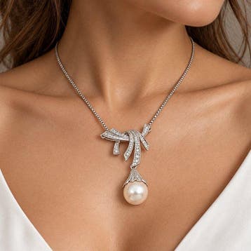 Collier - 18 carats Or blanc Perle - Diamant - Fabriqué en, Handtassen en Accessoires, Nieuw