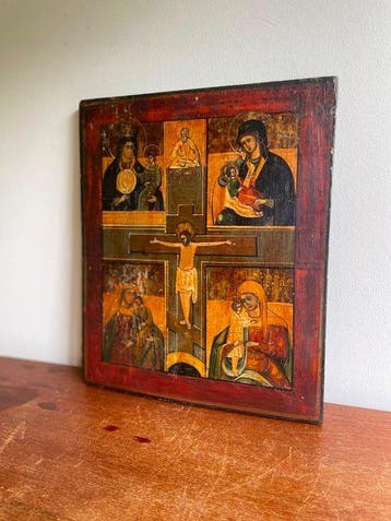 Icoon - Moeder Gods, Kruisiging van Christus - Hout