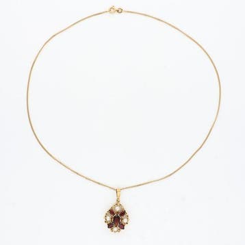 Collier avec pendentif - 18 carats Or jaune Perle - Grenat