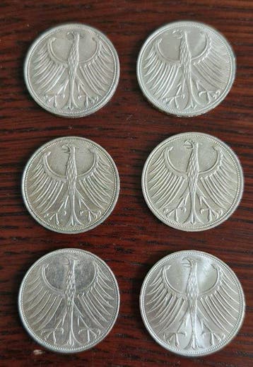 Duitsland. 6 Silbermünzen, 5 Deutsche Mark, 1969-1974