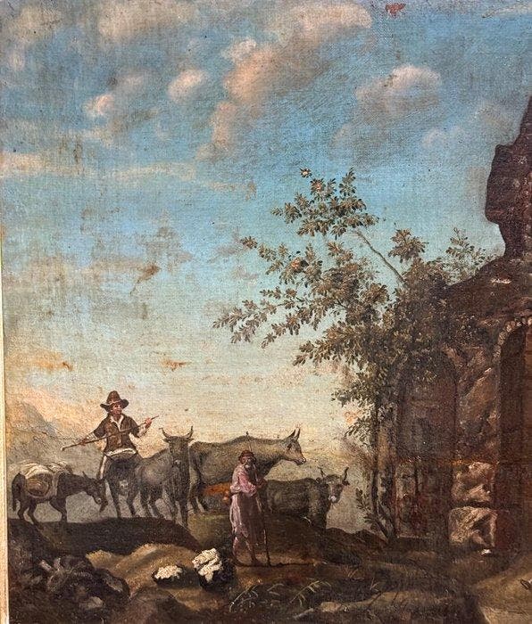 Scuola Veneta( XVIII) - Paesaggio con armenti, Antiek en Kunst, Kunst | Schilderijen | Klassiek