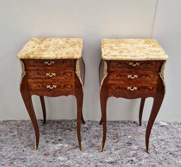 Paar marquetry Table de Chevet met marmer - Gelabeld NF