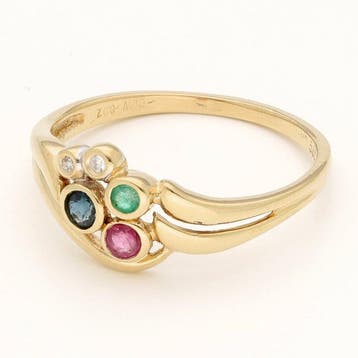 Bague - 14 carats Or jaune, Rubis, Saphir, Émeraude Diamant