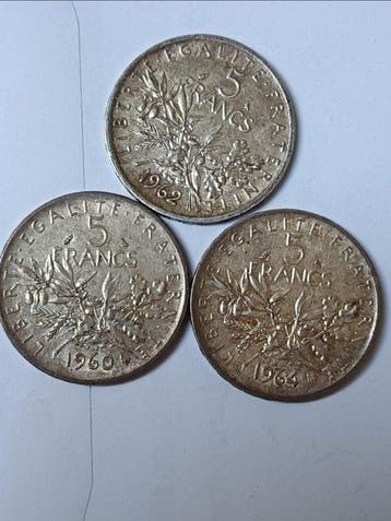 Frankrijk. 5 Francs 1960/1964 Semeuse (lot de 3 monnaies en, Timbres & Monnaies
