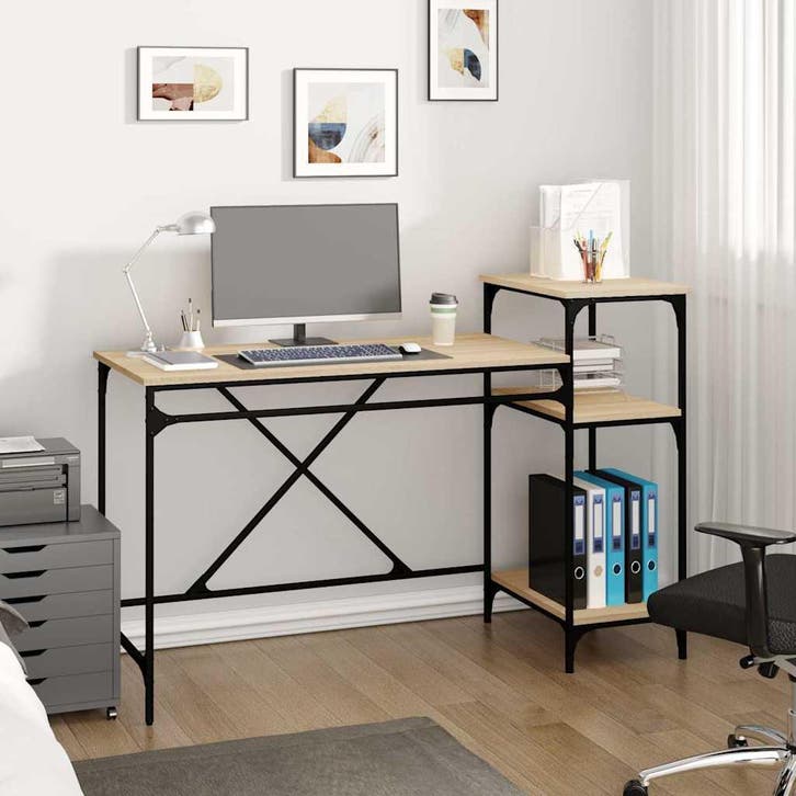 vidaXL Bureau schappen 135x50x90 bewerkt hout en ijzer, Maison & Meubles, Bureaux, Envoi