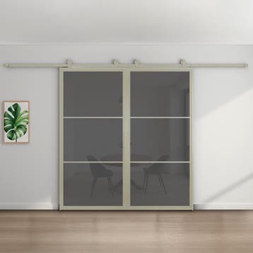Dubbele stalen schuifdeur Kiezelgrijs 3 Vlaks Rook glas