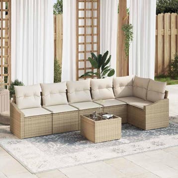 vidaXL Tuinbank Set 7 st Beige en Crème poly rattan, Verzenden