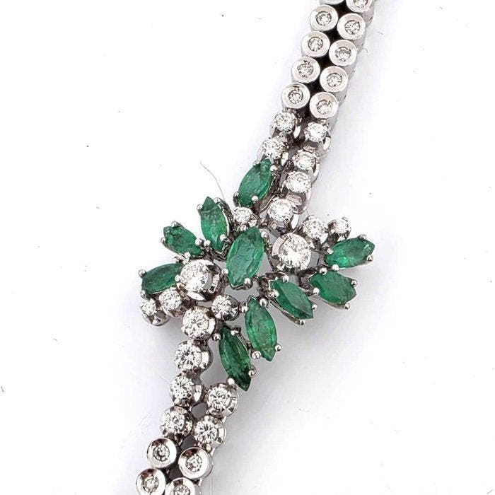 Armband - 18 karaat Witgoud - 3.50ct. tw. Smaragd - Diamant, Handtassen en Accessoires, Armbanden