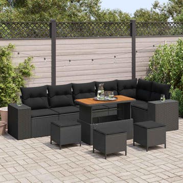 vidaXL Tuinbank Set met kussen 10 pcs Zwart poly rattan, Verzenden, Nieuw