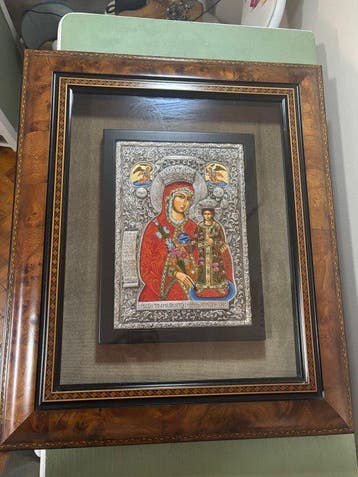 Icône orthodoxe avec cadre de luxe - Vierge Marie et, Antiquités & Art