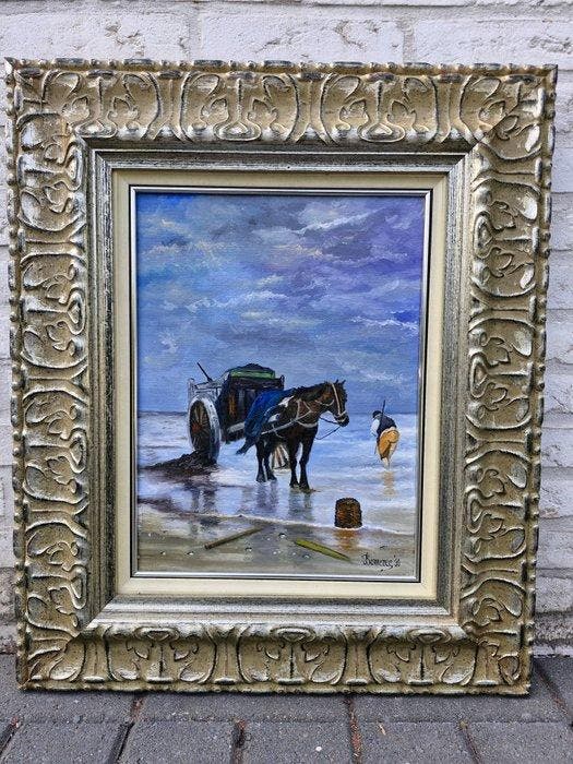 Joseph Borrezee (1930) - Landelijk transport aan zee, Antiquités & Art, Art | Peinture | Classique