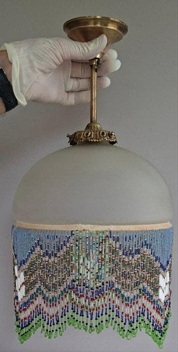 Plafonnier - Cuivre - Verre - Perles, Antiquités & Art