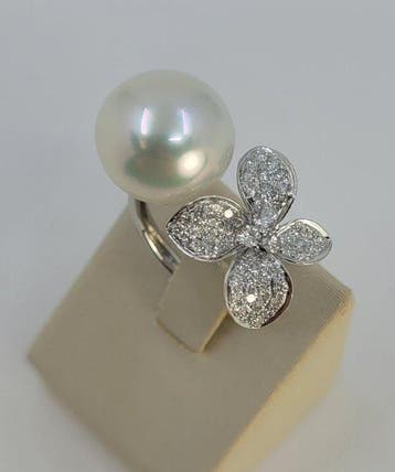 Ring - 18 karaat Witgoud, 13 mm ronde Australische South, Nieuw