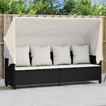 vidaXL Ligbed met luifel en kussens poly rattan zwart, Verzenden