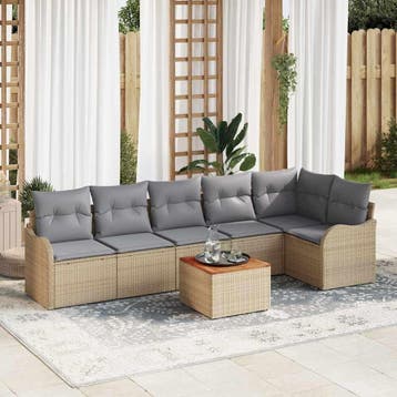 vidaXL Tuinbank Set met kussen 7 pcs Beige poly rattan, Verzenden, Nieuw
