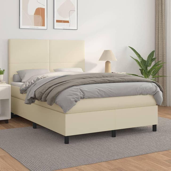 vidaXL Boxspring met matras kunstleer crèmekleurig 140x200, Huis en Inrichting, Slaapkamer | Bedden, Nieuw, Verzenden