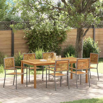 vidaXL Tuin Eettafel Set 7 st Grijs Massief Acacia Hout, Verzenden, Nieuw