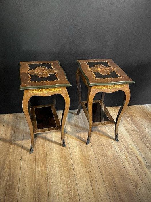 Nachtkastje - Hout - Paar nachtkastjes met inlegwerk, Antiquités & Art, Curiosités & Brocante