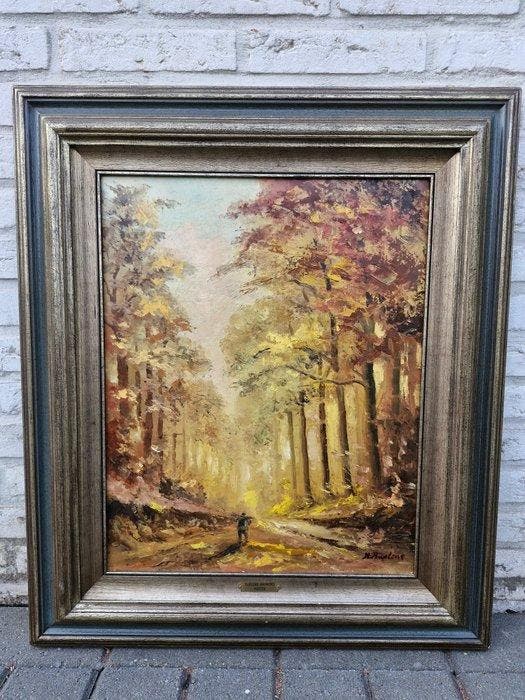 Raymond Buelens (1922-2000) - Herfstbos met wandelaar, Antiquités & Art, Art | Peinture | Classique
