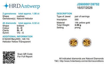 Oorbellen - 14 karaat Geel goud - 1.88ct. tw. Heliodoor -, Nieuw