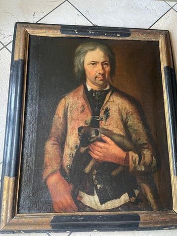 Franse school (XVIII) - Ritratto virile con cucciolo di cane