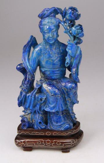 Chinese Carved Lady Lapis Lazuli Guanyin Stand - Lapis