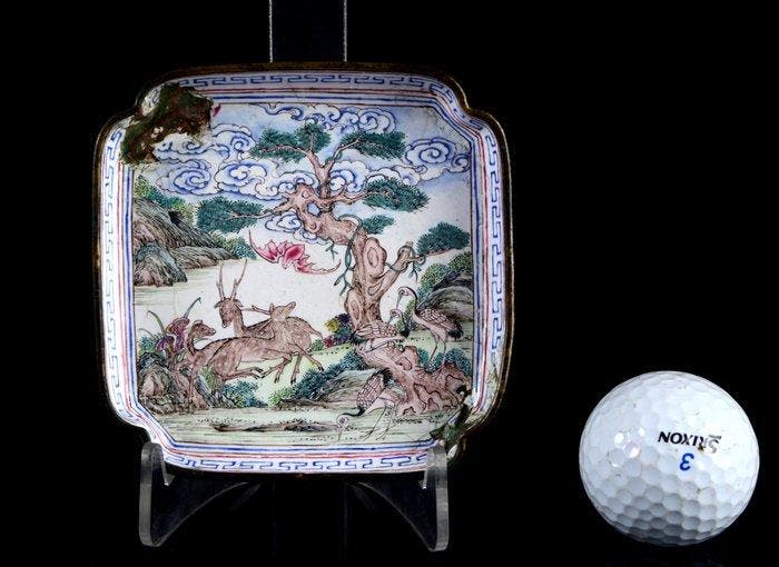 Zeldzaam Chinees vierkant dienblad met Herten, kraanvogels, Antiek en Kunst, Antiek | Overige Antiek