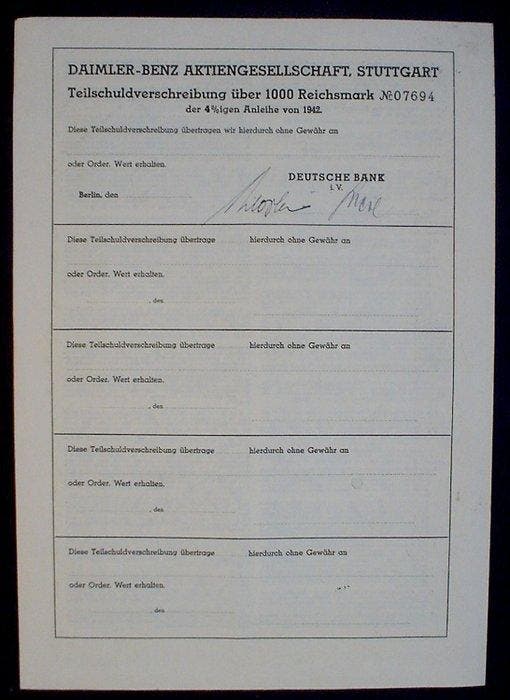 Duitsland. Daimler Benz 4% Loan 1000 RM, Antiek en Kunst, Antiek | Speelgoed