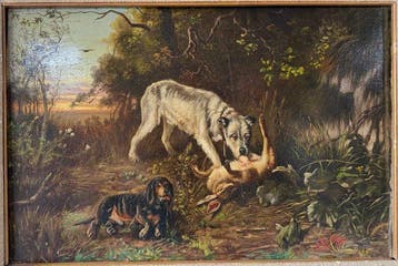 Belgische school (XIX) - Scena di caccia con wolfhound