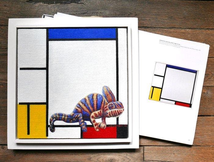 Jos Verheugen - Free after Mondrian, with chameleon (M1121), Antiek en Kunst, Kunst | Schilderijen | Modern