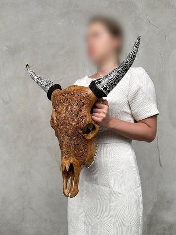 SANS RÉSERVE - Impressionnant crâne de vache brun avec des, Antiquités & Art