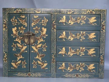 Kast - Aziatische kast commode hout blauw goud vlinders -