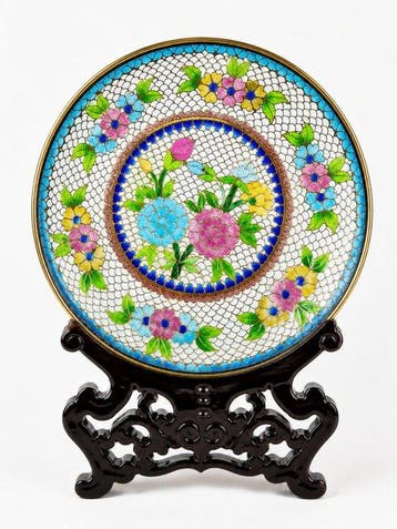 Paar verfijnde cloisonné miniatuurborden in originele doos –, Antiek en Kunst