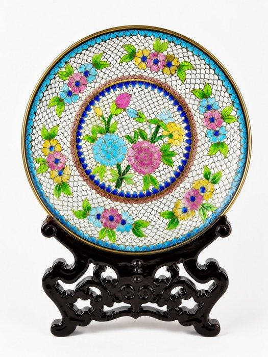 Paar verfijnde cloisonné miniatuurborden in originele doos –, Antiek en Kunst, Antiek | Overige Antiek