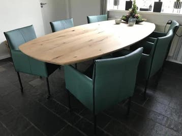 Set van 6 leren kuip eetkamerstoelen - met wieltjes - groen, Ophalen of Verzenden, Nieuw, Eén