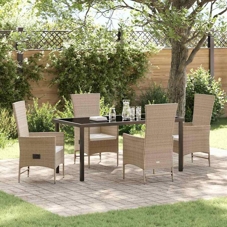 vidaXL Tuin Eettafel Set met kussen 5 pcs Beige poly rattan, Tuin en Terras, Tuinsets en Loungesets, Nieuw, Verzenden