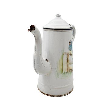 Koffiepot - Antieke emaille koffiekan met vogeldecor,