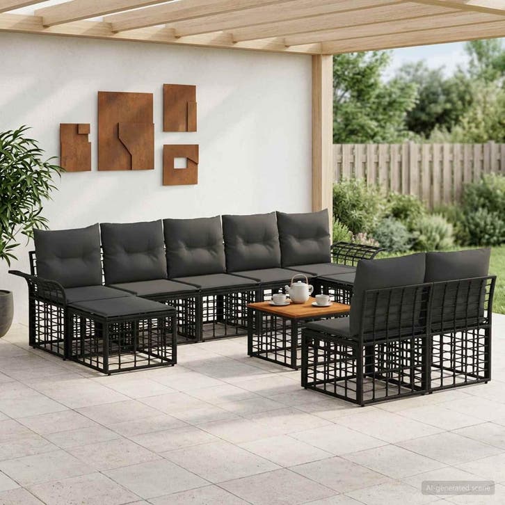 vidaXL Buiten bank set 10 st Zwart en Donker Grijs Polyester, Tuin en Terras, Tuinsets en Loungesets, Nieuw, Verzenden