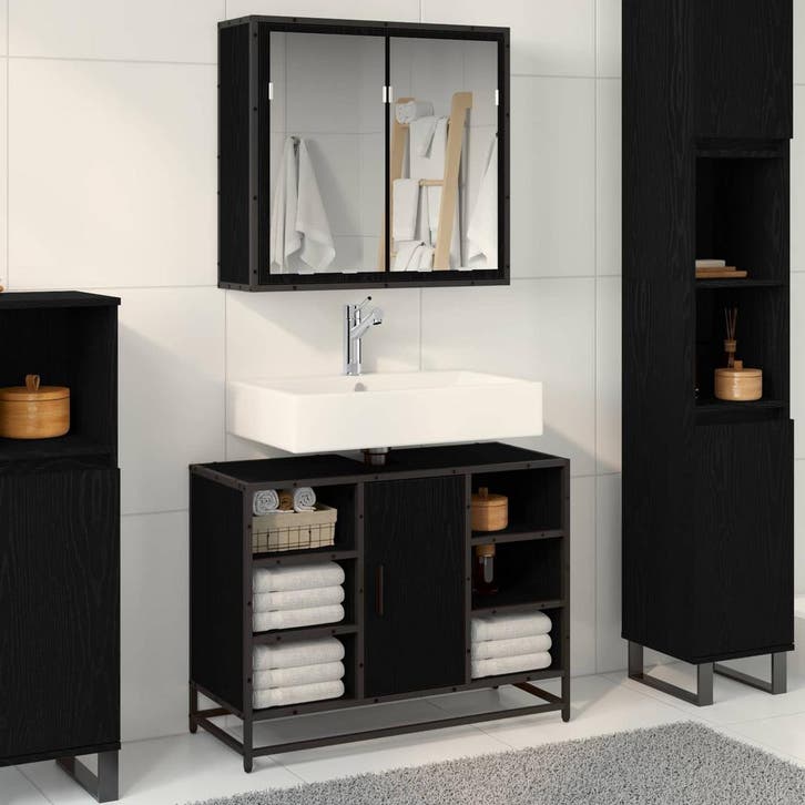 vidaXL Badkamermeubel Set 2 st Zwart Eiken 80 x 33 x 60 cm, Maison & Meubles, Salle de bain | Meubles de Salle de bain, Envoi