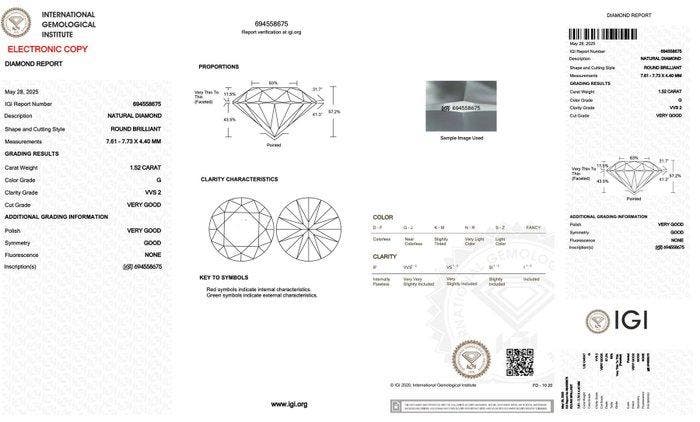 1 pcs Diamant (Natuurlijk) - 1.52 ct - Rond - G - VVS2 -, Handtassen en Accessoires, Edelstenen