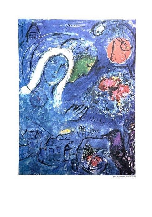 Marc Chagall (after) - Amoureux au Soleil Rouge - Offset, Antiquités & Art, Art | Dessins & Photographie
