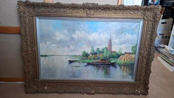 J.C. vd Heijden (1911 - 1992) - Rivier met een dorpsgezicht