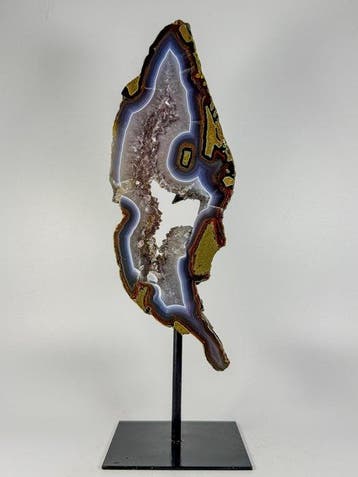 Rare colored - natural agate with crystal geode on stand
